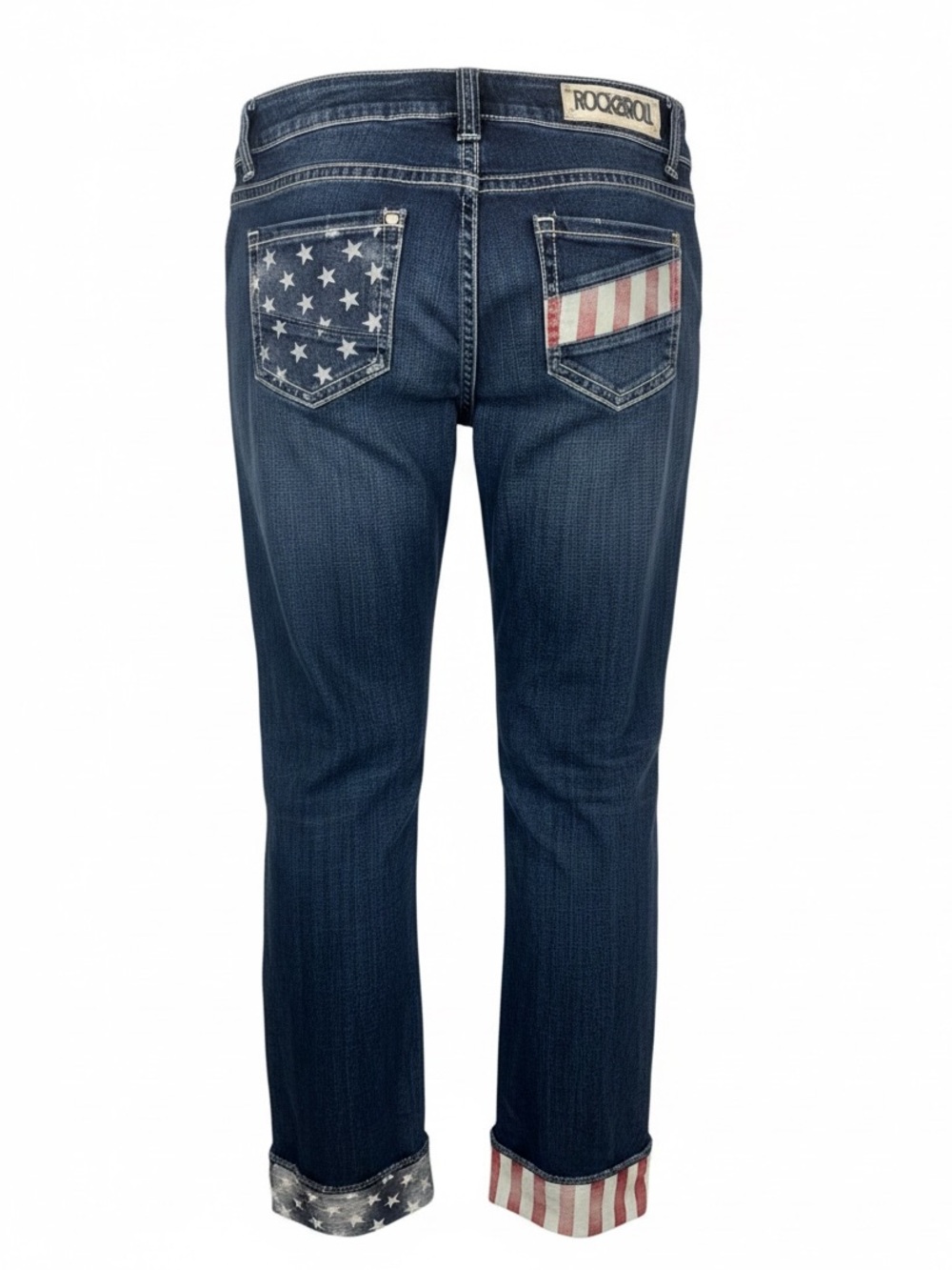 Rock & Roll Cowgirl Dark Blue Straight Leg Jeans with Star & Stripe Cuffs